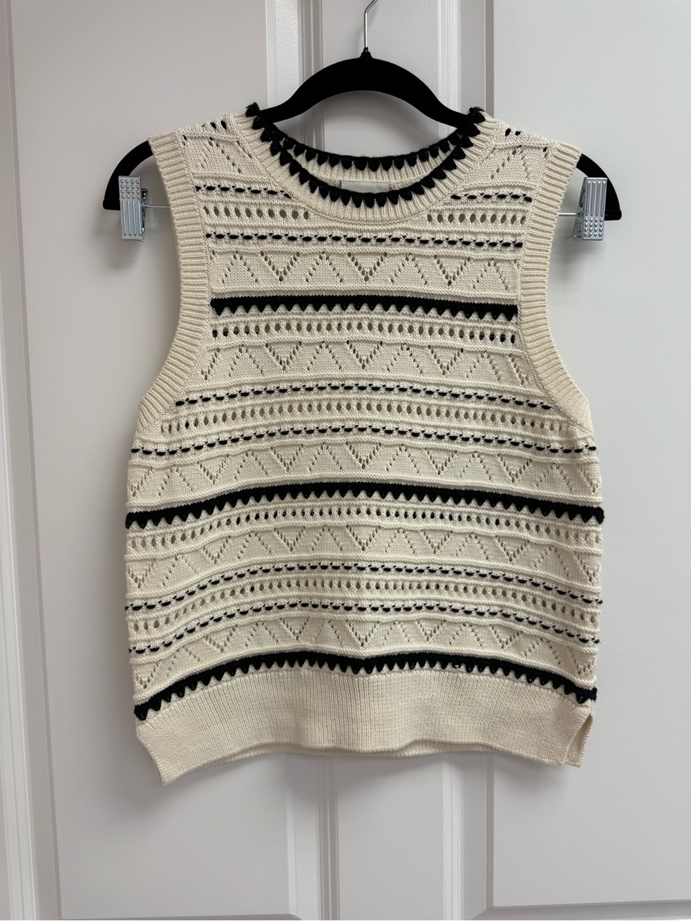 Varley Athena Pointelle Cream Knit Sleeveless Vest with Black Accents Size XS